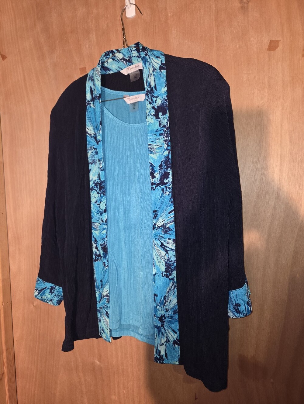 TanJay Black  Cardigan with Turquoise Floral Trim And Turquoise Tank Top